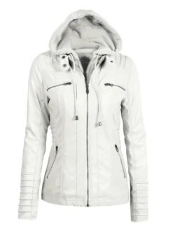 Veste Femme en Cuir Synthétique à Capuche avec Manches Longues à Zip Unicolore