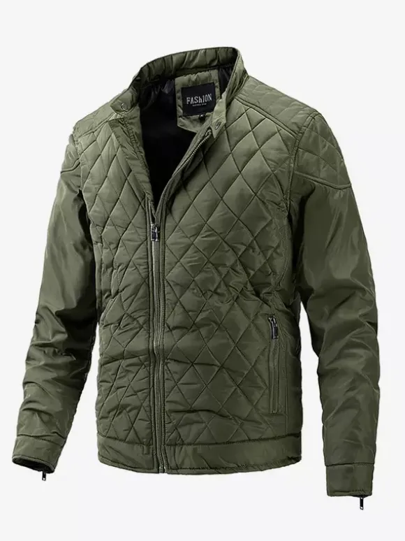 Veste motard décontractée à manches longues pour homme avec fermeture éclair et motif losange en coton