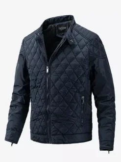 Veste motard décontractée à manches longues pour homme avec fermeture éclair et motif losange en coton