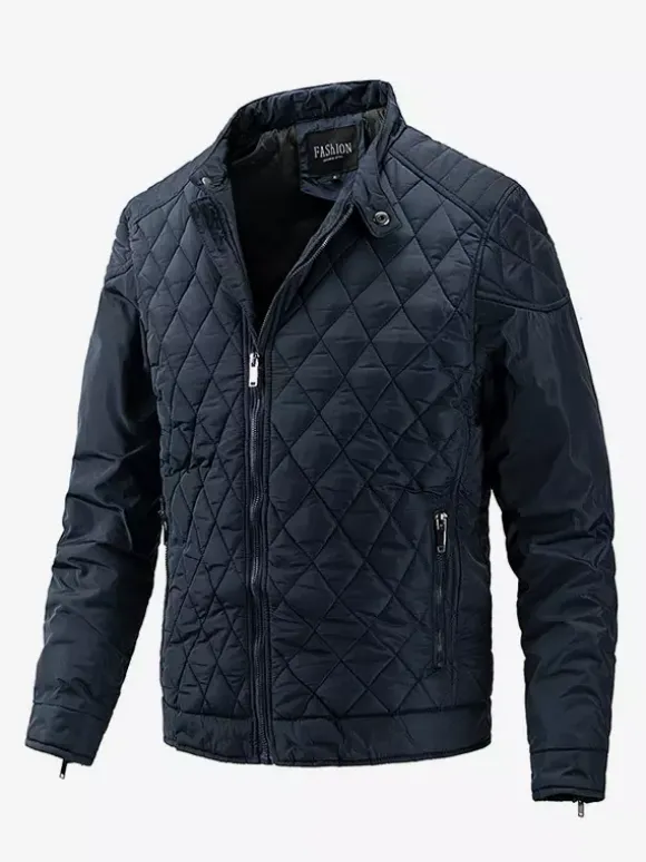 Veste motard décontractée à manches longues pour homme avec fermeture éclair et motif losange en coton