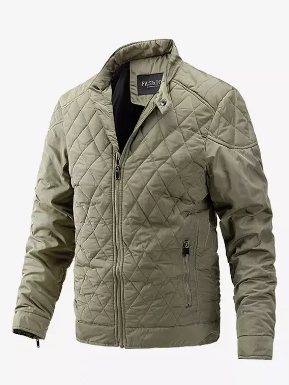 Veste motard décontractée à manches longues pour homme avec fermeture éclair et motif losange en coton