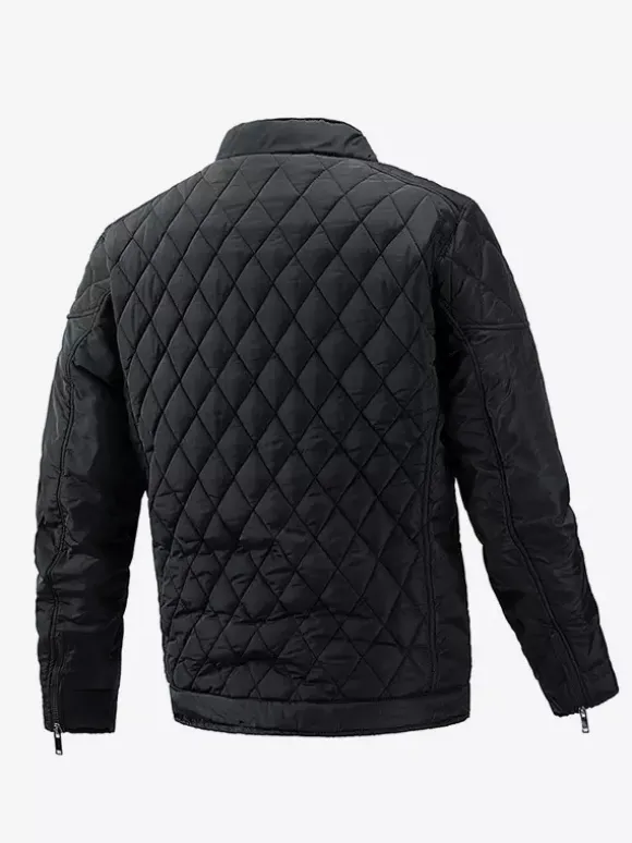 Veste motard décontractée à manches longues pour homme avec fermeture éclair et motif losange en coton