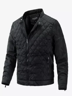 Veste motard décontractée à manches longues pour homme avec fermeture éclair et motif losange en coton