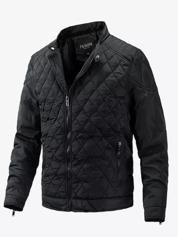 Veste motard décontractée à manches longues pour homme avec fermeture éclair et motif losange en coton