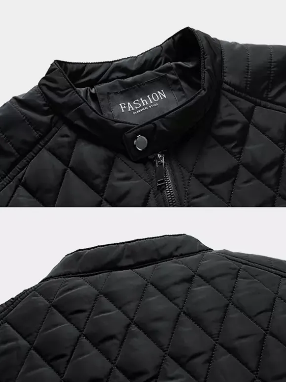 Veste motard décontractée à manches longues pour homme avec fermeture éclair et motif losange en coton