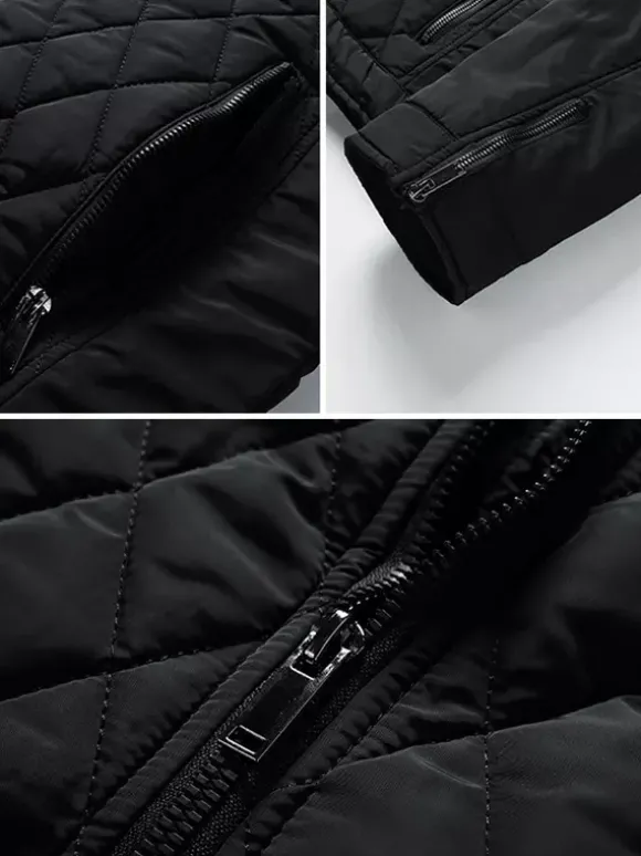 Veste motard décontractée à manches longues pour homme avec fermeture éclair et motif losange en coton