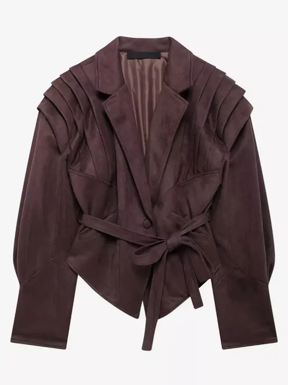 Veste portefeuille en suédine pour femme - Blazer marron tailleur coupe sablier épaules structurées - Collection printemps chic streetwear 2026