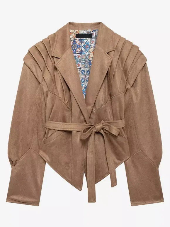 Veste portefeuille en suédine pour femme - Blazer marron tailleur coupe sablier épaules structurées - Collection printemps chic streetwear 2026
