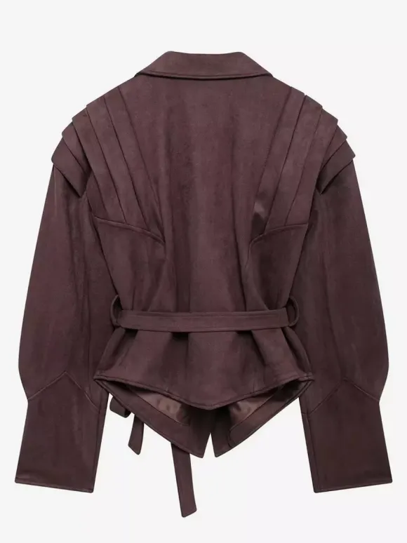 Veste portefeuille en suédine pour femme - Blazer marron tailleur coupe sablier épaules structurées - Collection printemps chic streetwear 2026