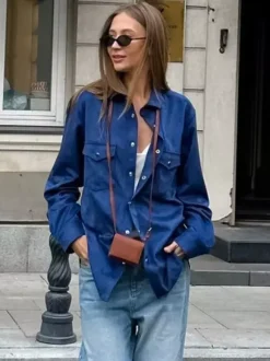 Veste pour femme col rabattu boutons sur le devant style décontracté veste bleue pour femme
