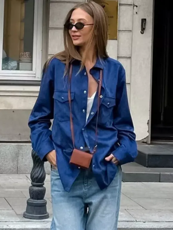 Veste pour femme col rabattu boutons sur le devant style décontracté veste bleue pour femme