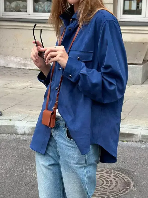 Veste pour femme col rabattu boutons sur le devant style décontracté veste bleue pour femme