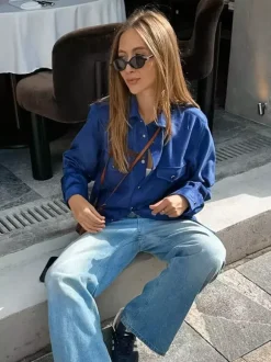 Veste pour femme col rabattu boutons sur le devant style décontracté veste bleue pour femme