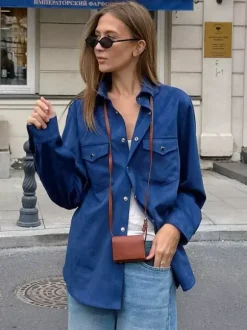 Veste pour femme col rabattu boutons sur le devant style décontracté veste bleue pour femme