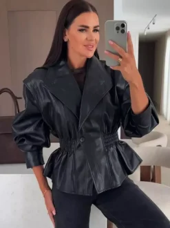 Veste péplum chic en similicuir noir blazer à taille élastique pour femme 2026