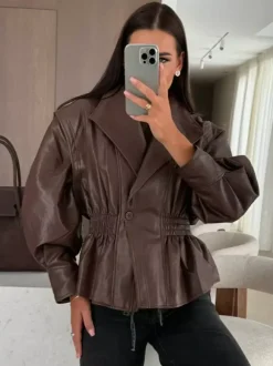 Veste péplum chic en similicuir noir blazer à taille élastique pour femme 2026