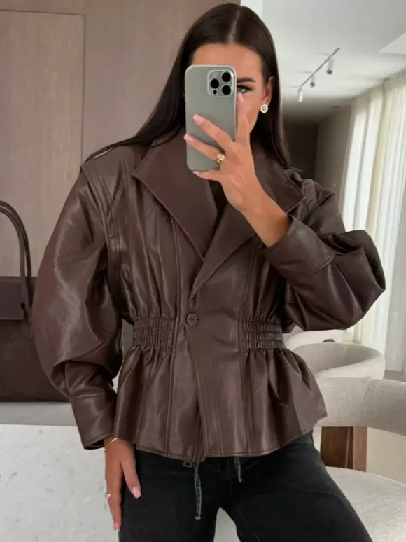 Veste péplum chic en similicuir noir blazer à taille élastique pour femme 2026