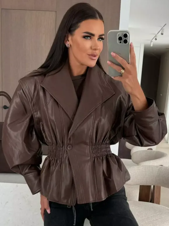 Veste péplum chic en similicuir noir blazer à taille élastique pour femme 2026