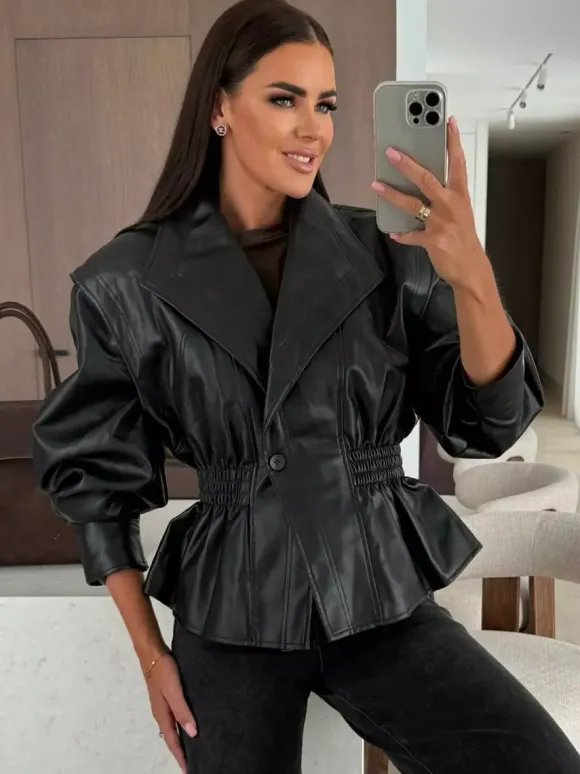 Veste péplum chic en similicuir noir blazer à taille élastique pour femme 2026