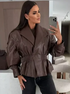 Veste péplum chic en similicuir noir blazer à taille élastique pour femme 2026