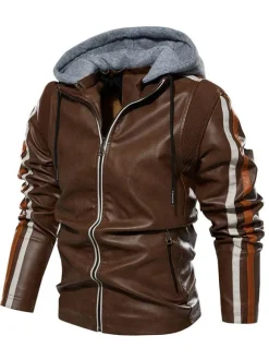 Vestes en cuir pour hommes Vestes de bombardier moto confortables à capuche et fermeture éclair à blocs de couleurs
