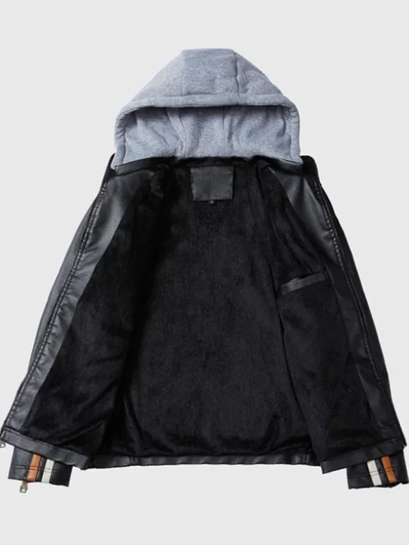 Vestes en cuir pour hommes Vestes de bombardier moto confortables à capuche et fermeture éclair à blocs de couleurs