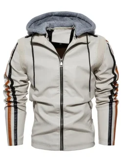 Vestes en cuir pour hommes Vestes de bombardier moto confortables à capuche et fermeture éclair à blocs de couleurs