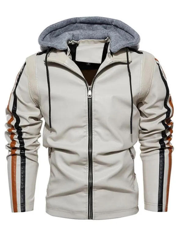 Vestes en cuir pour hommes Vestes de bombardier moto confortables à capuche et fermeture éclair à blocs de couleurs
