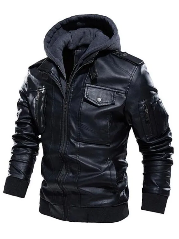 Vestes en cuir pour hommes avec poches zippées et coupe-vent à capuche