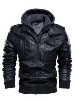 Vestes en cuir pour hommes avec poches zippées et coupe-vent à capuche