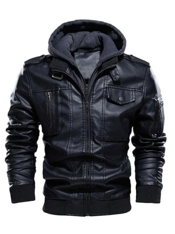 Vestes en cuir pour hommes avec poches zippées et coupe-vent à capuche