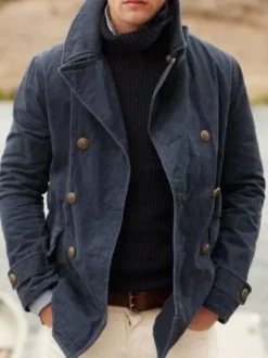 Vestes Et Manteaux Homme Casuel Col Rabattu Noire Double Boutonnage
