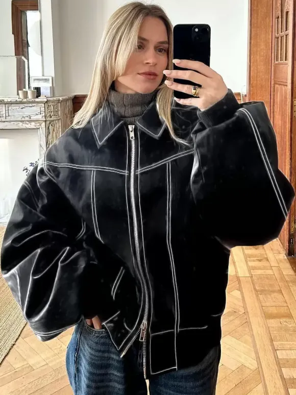 Vestes femmes col rabattu fermeture éclair décontracté manches bouffantes