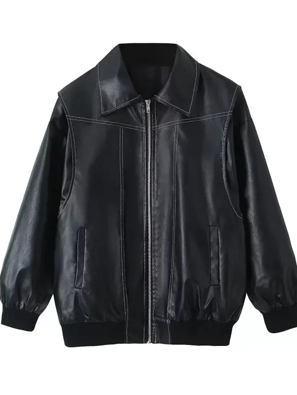 Vestes femmes col rabattu fermeture éclair décontracté manches bouffantes