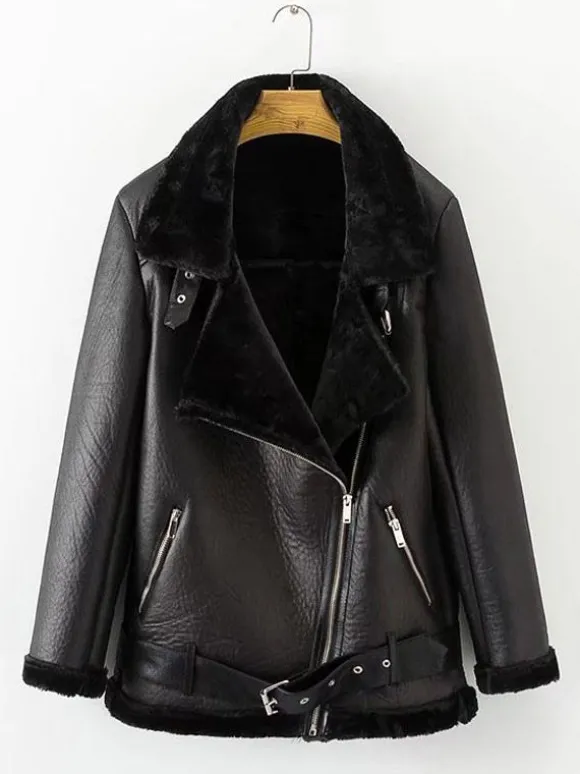 Vestes Manteau Moto Femmes à Cuir Synthétique Cousu Fausse Fourrure à Col Revers avec Manches Longues avec Poches Unicolore