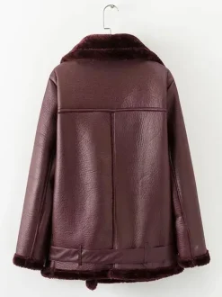 Vestes Manteau Moto Femmes à Cuir Synthétique Cousu Fausse Fourrure à Col Revers avec Manches Longues avec Poches Unicolore
