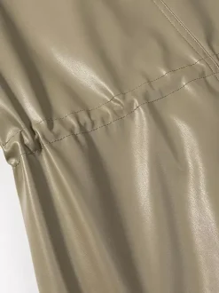 Veste safari en similicuir pour femme - Manteau mi-long à taille élastiquée col montant et poches cargo - Style streetwear chic printemps 2026