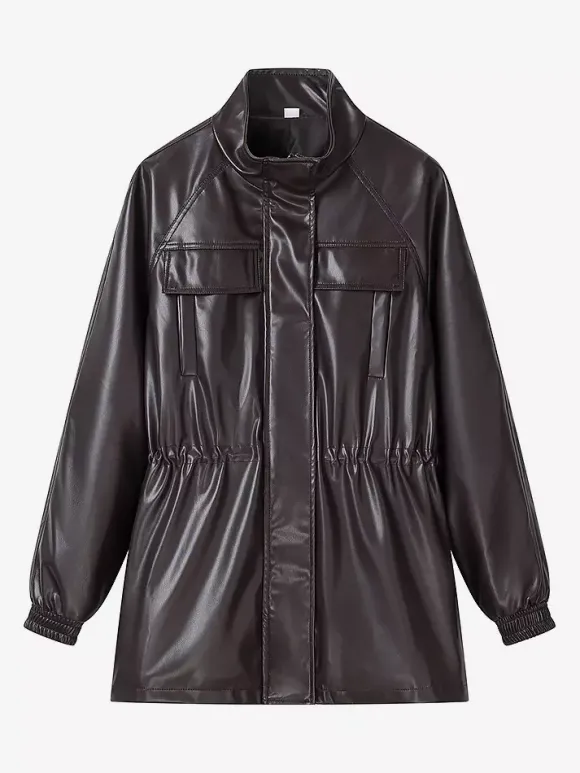Veste safari en similicuir pour femme - Manteau mi-long à taille élastiquée col montant et poches cargo - Style streetwear chic printemps 2026