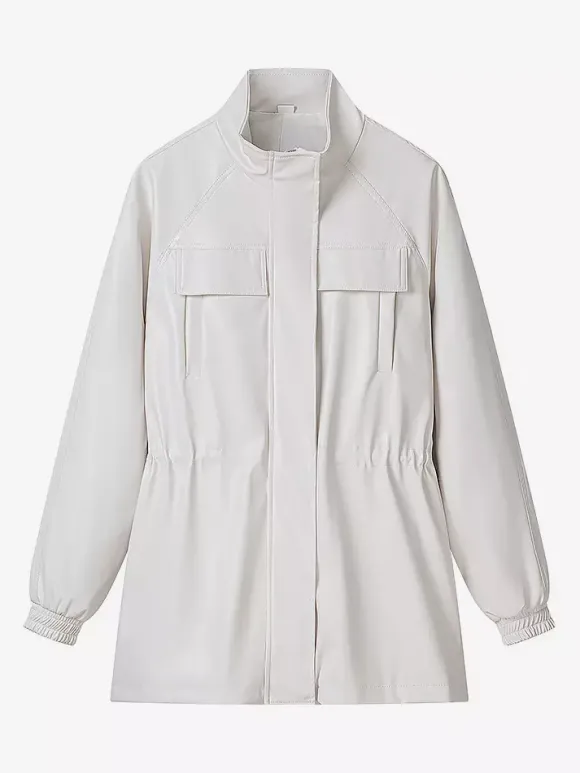 Veste safari en similicuir pour femme - Manteau mi-long à taille élastiquée col montant et poches cargo - Style streetwear chic printemps 2026