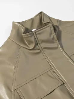 Veste safari en similicuir pour femme - Manteau mi-long à taille élastiquée col montant et poches cargo - Style streetwear chic printemps 2026