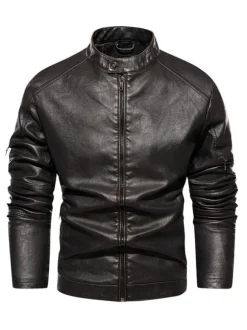 Vestes en similicuir pour hommes Vestes de moto à fermeture éclair de couleur unie