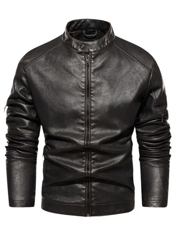 Vestes en similicuir pour hommes Vestes de moto à fermeture éclair de couleur unie