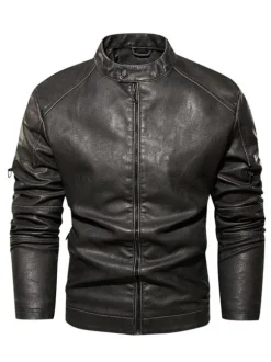 Vestes en similicuir pour hommes Vestes de moto à fermeture éclair de couleur unie