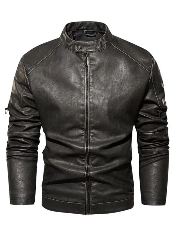 Vestes en similicuir pour hommes Vestes de moto à fermeture éclair de couleur unie