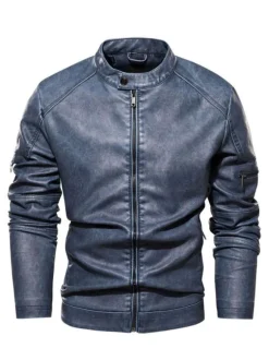 Vestes en similicuir pour hommes Vestes de moto à fermeture éclair de couleur unie