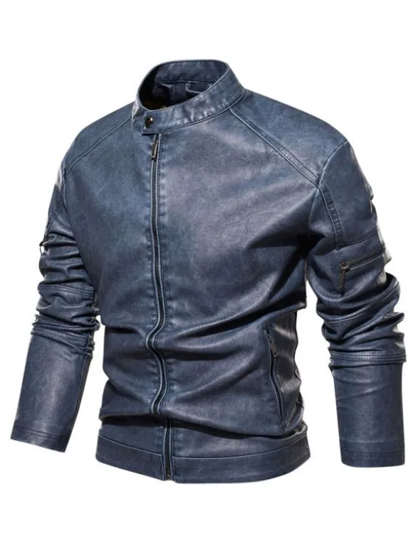 Vestes en similicuir pour hommes Vestes de moto à fermeture éclair de couleur unie