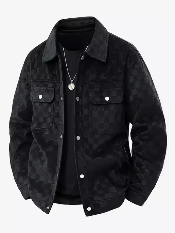 Vestes pour hommes en daim à motif damier manteaux d'hiver à manches longues