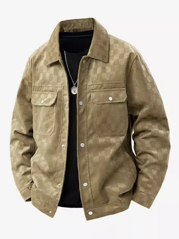 Vestes pour hommes en daim à motif damier manteaux d'hiver à manches longues