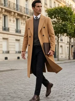 Vestes Pour Hommes Manteaux Long Double Boutonnage Col Rabattu Chic Noir