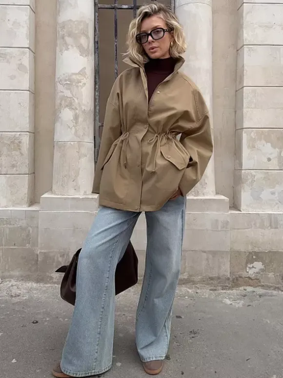 Veste utilitaire en pur coton pour femme - Coupe-vent slim fit à cordon de serrage style chic français - Vêtements d'extérieur décontractés pour le printemps 2026